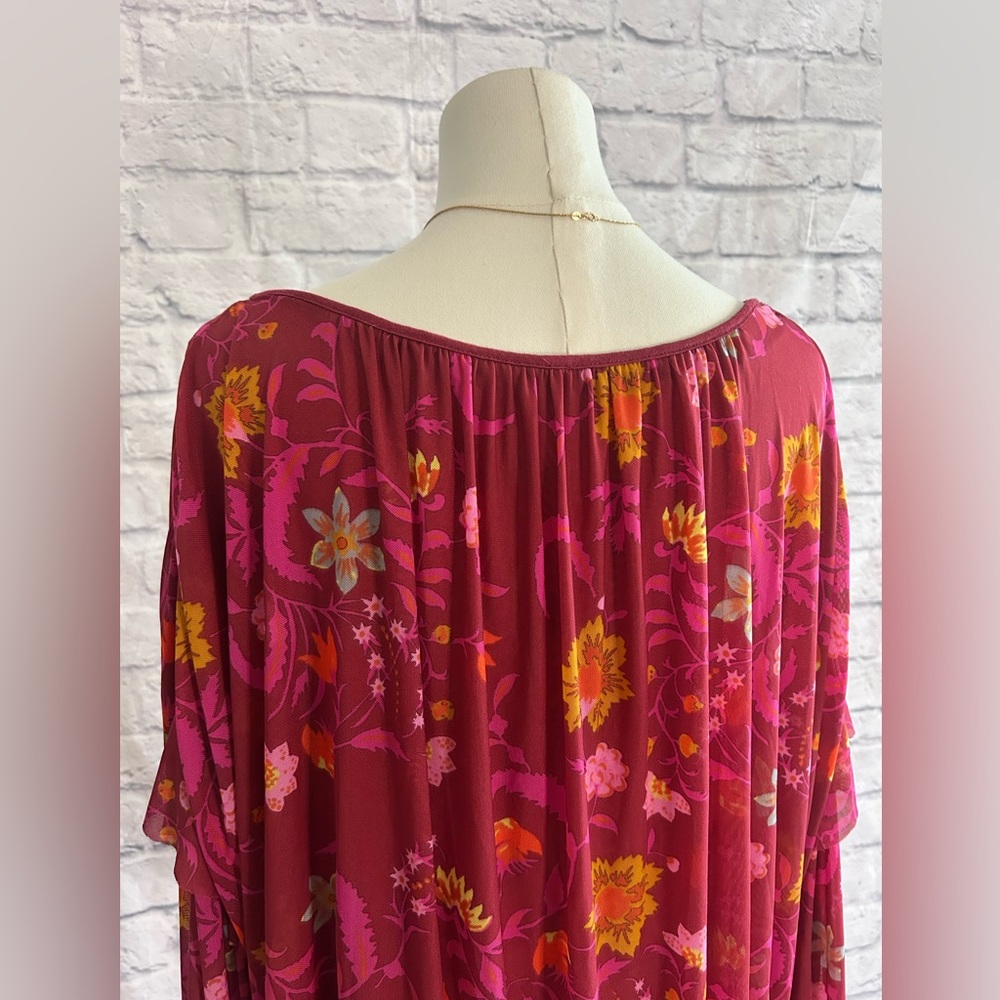 Free People Blouse Peasant Boho Bohemian Floral Raspberry Pink Long Sleeve - Picture 9 of 10